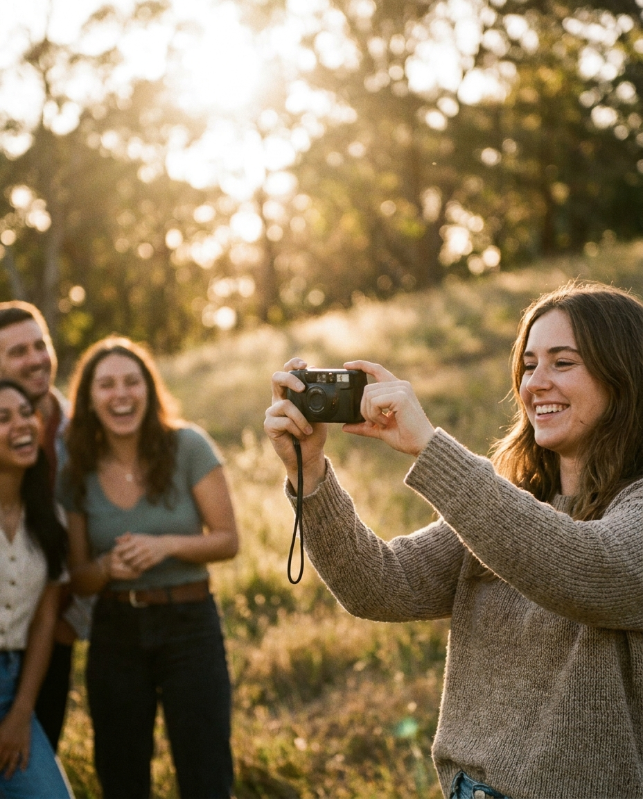 Person capturing memories with the retro camera at golden hour
