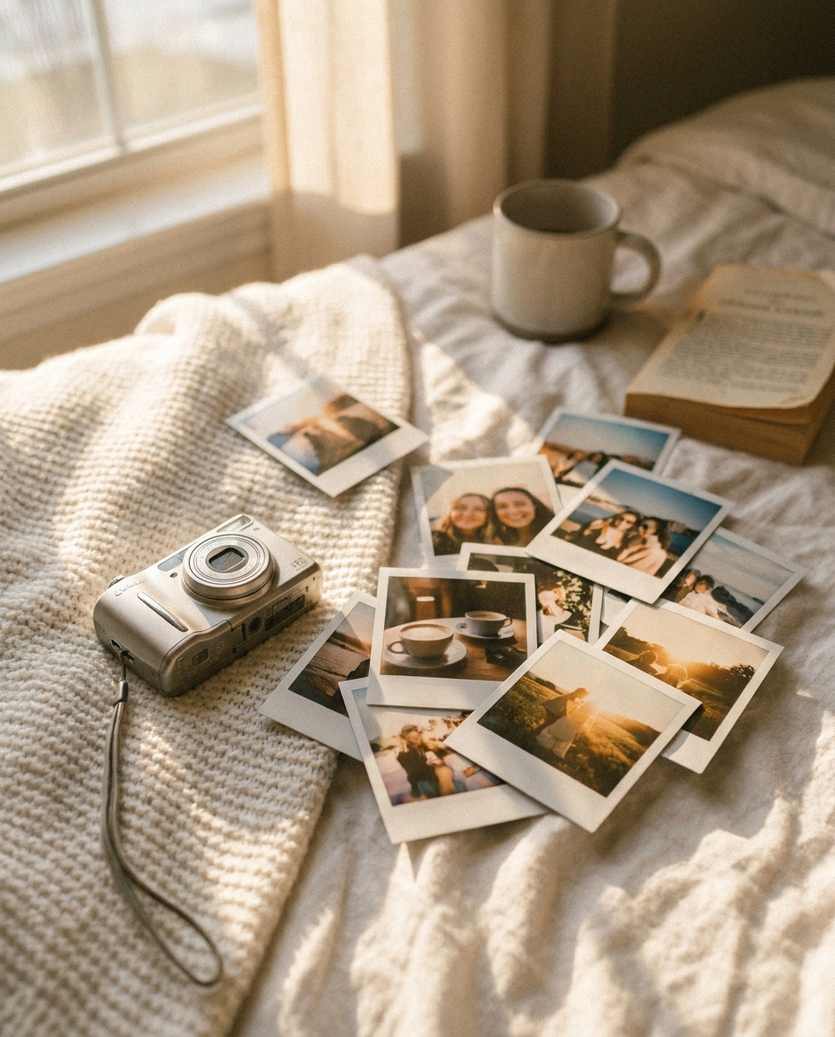 Retro camera with printed nostalgic photos flatlay