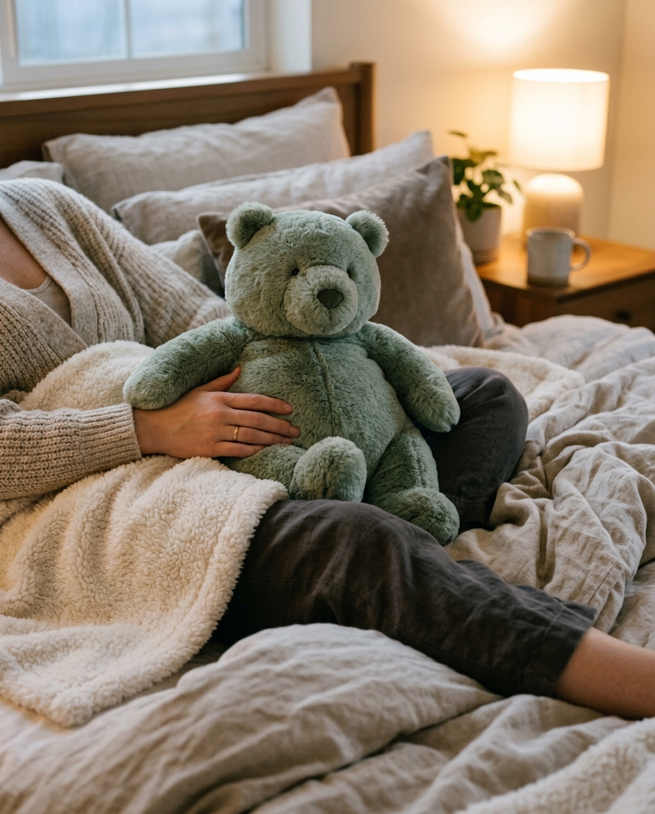 Weighted plush resting on a cozy bed