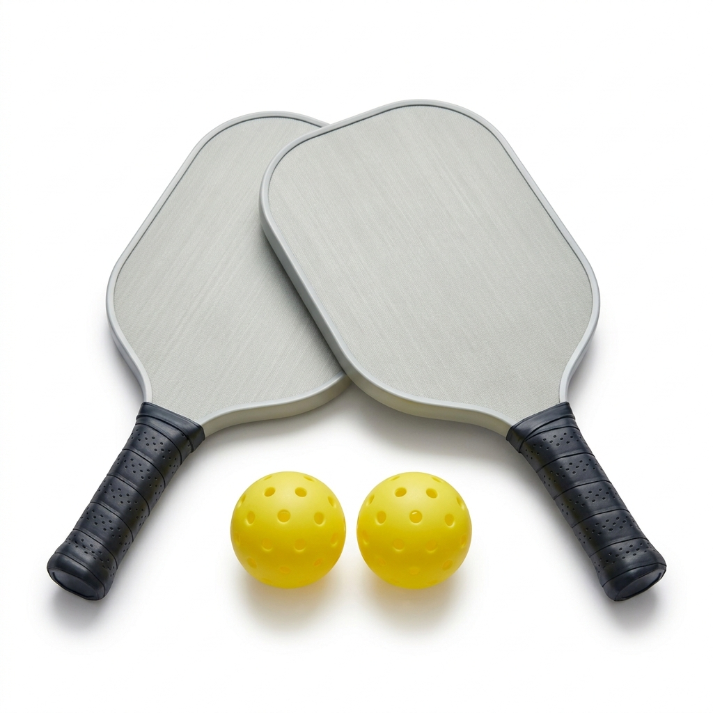 Pickleball paddle set product photo - two fiberglass paddles and balls