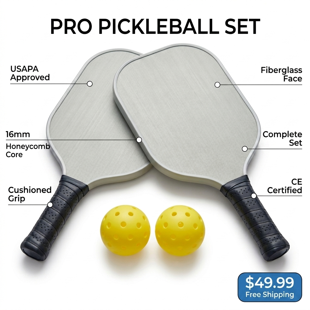 Pro pickleball paddle set feature callouts - USAPA, 16mm honeycomb, fiberglass