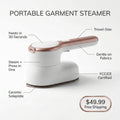 Portable garment steamer feature callouts - heats in 30s, steam and press, travel-size