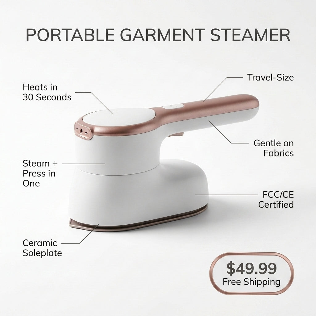 Portable garment steamer feature callouts - heats in 30s, steam and press, travel-size