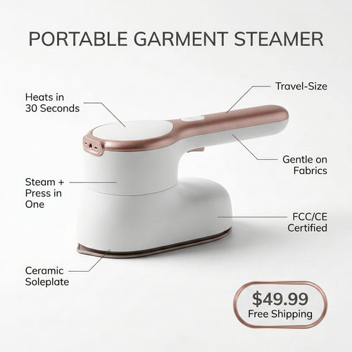 Portable garment steamer feature callouts - heats in 30s, steam and press, travel-size